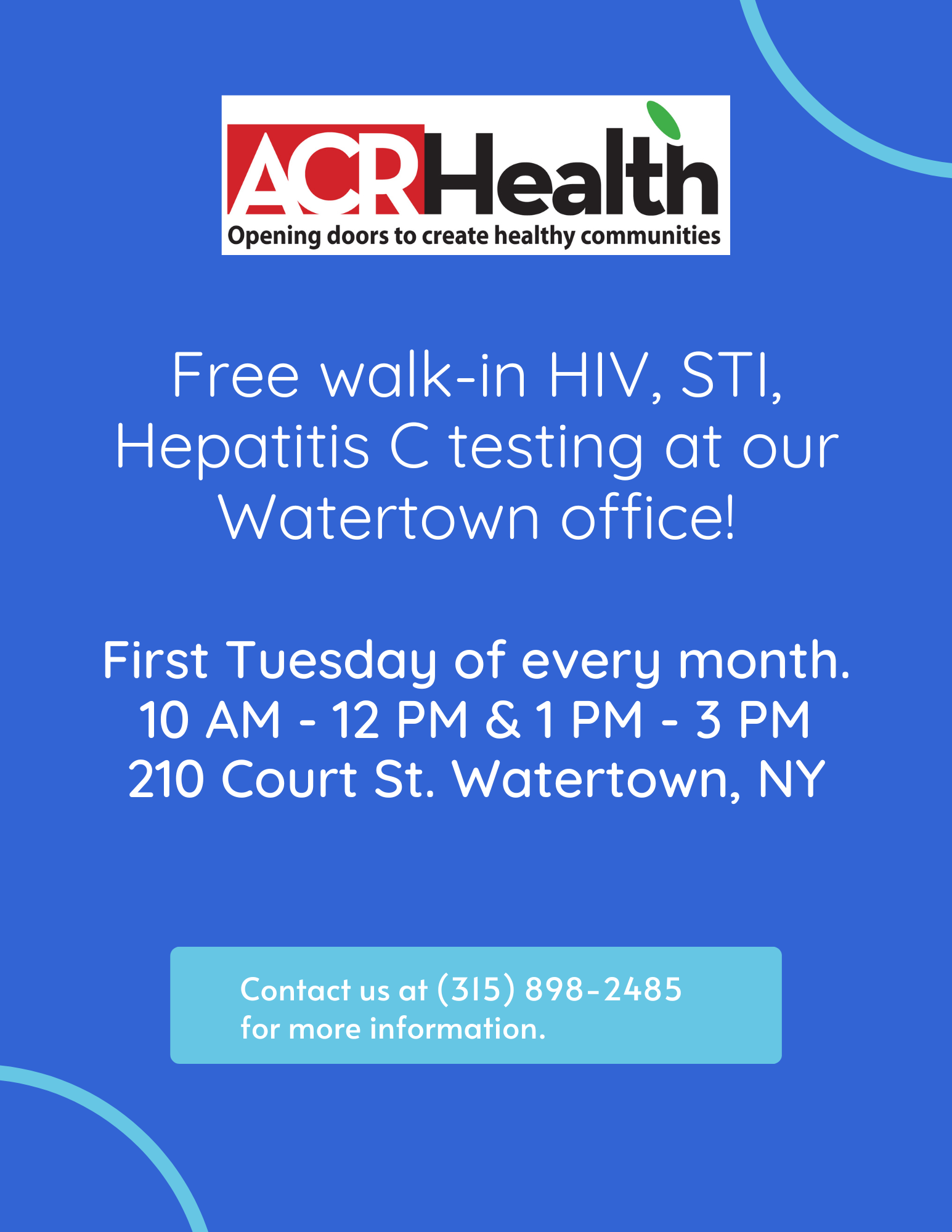 Now Offering Walkin Testing First Tuesday of Every Month in Watertown